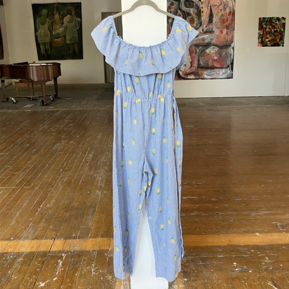 Blue and white striped jumpsuit, embroidered with pineapples and fabric belt - Picture 10 of 10